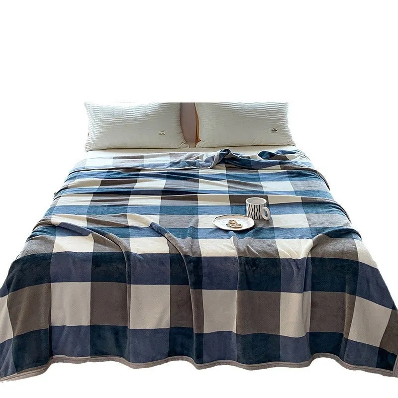 Thickened polyester fleece blanket in gray blue checked pattern as sofa cover