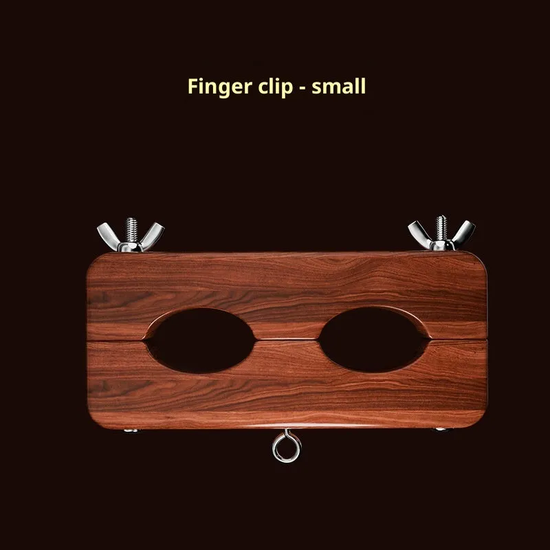 9i pear wood and alloy handcuffs in finger clip style, large size, on neutral background