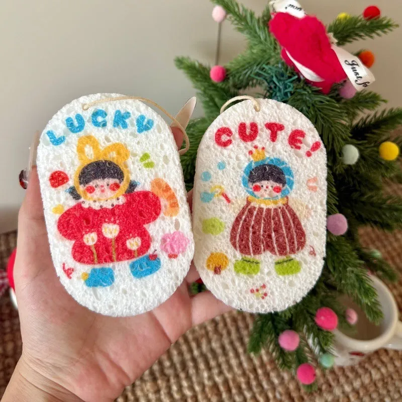 Wood pulp cellulose cartoon compression sponge disc with Little Red Riding Hood design for kitchen dishwashing