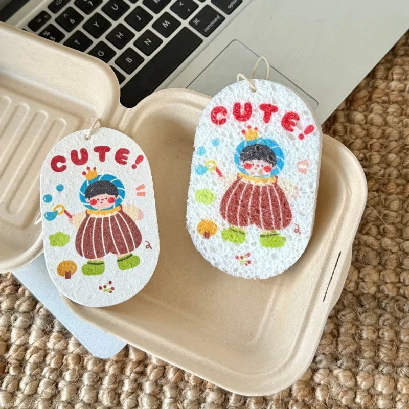 Wood pulp cellulose cartoon compression sponge disc with Little Red Riding Hood design for kitchen dishwashing