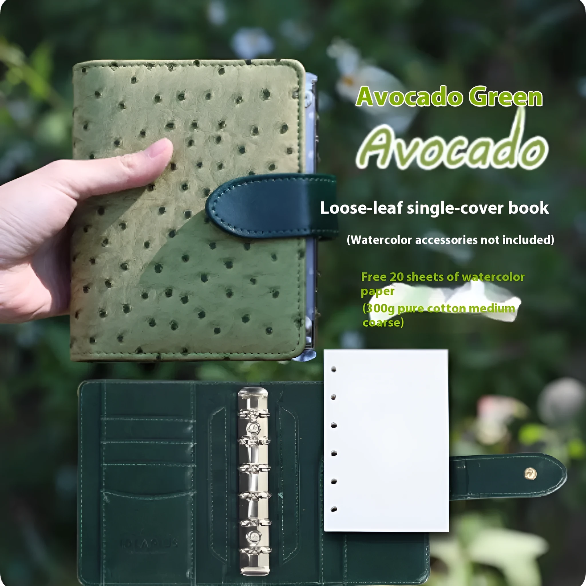 A7 loose-leaf watercolour notebook in five colour options showing removable sheets