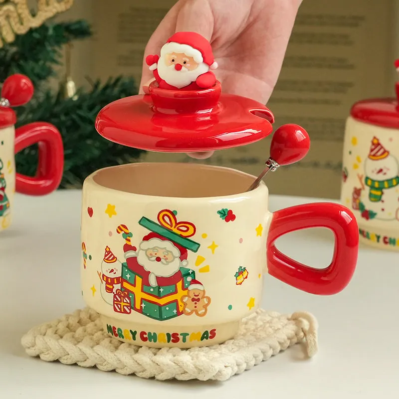 Round ceramic Christmas cup with lid showing cartoon snowman pattern, 8cm height, 9cm calibre