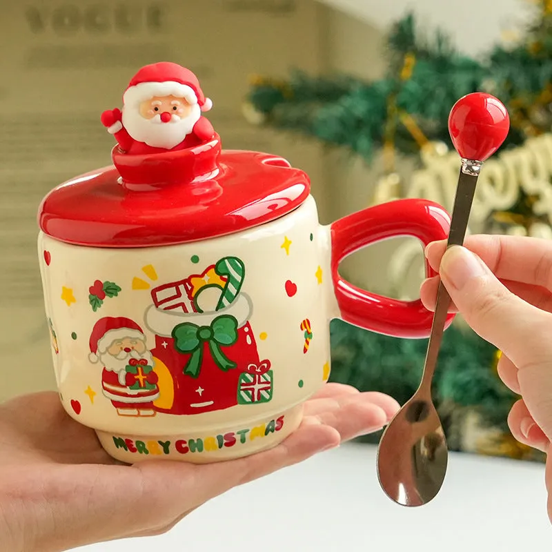 Round ceramic Christmas cup with lid showing cartoon snowman pattern, 8cm height, 9cm calibre