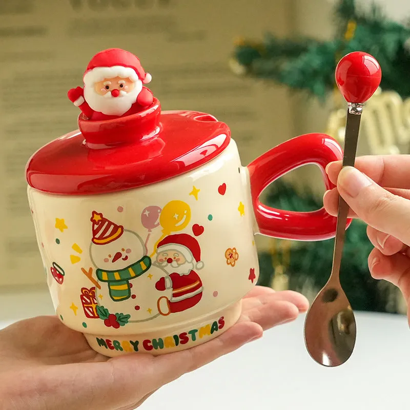 Round ceramic Christmas cup with lid showing cartoon snowman pattern, 8cm height, 9cm calibre