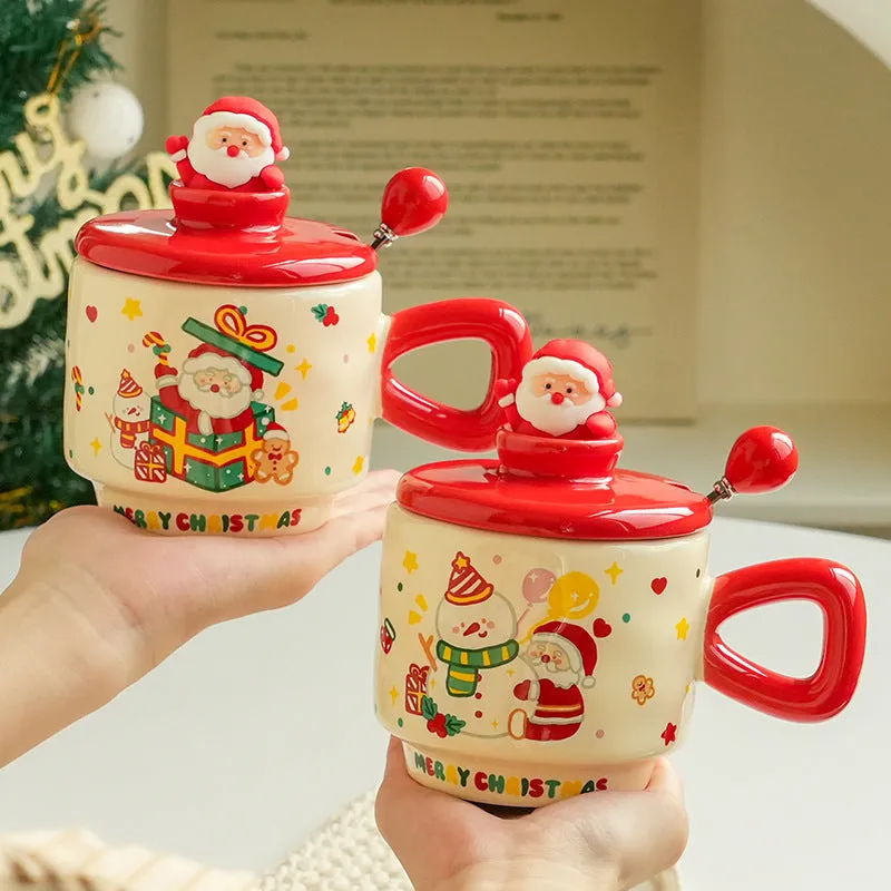 Round ceramic Christmas cup with lid showing cartoon snowman pattern, 8cm height, 9cm calibre