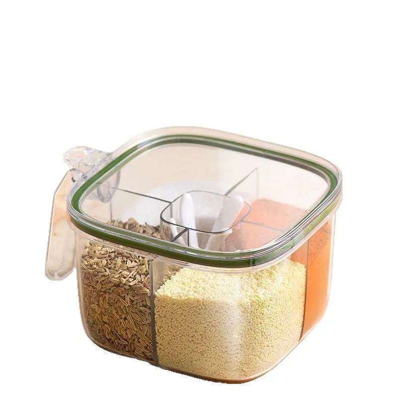 Five-in-one plastic seasoning container box in green with multiple compartments for kitchen storage