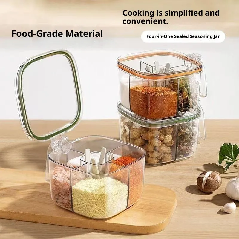 Five-in-one plastic seasoning container box in green with multiple compartments for kitchen storage