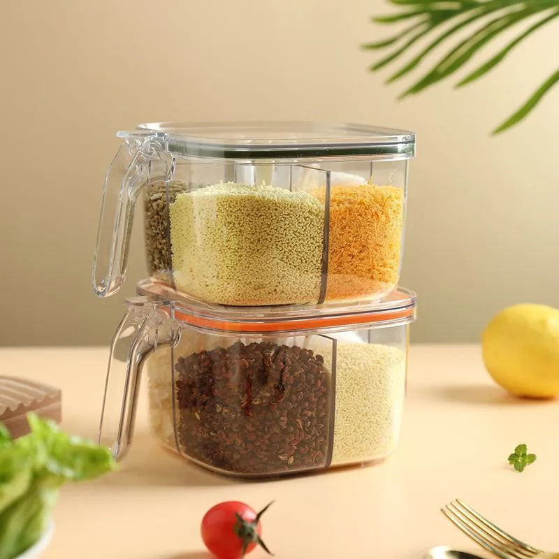 Five-in-one plastic seasoning container box in green with multiple compartments for kitchen storage