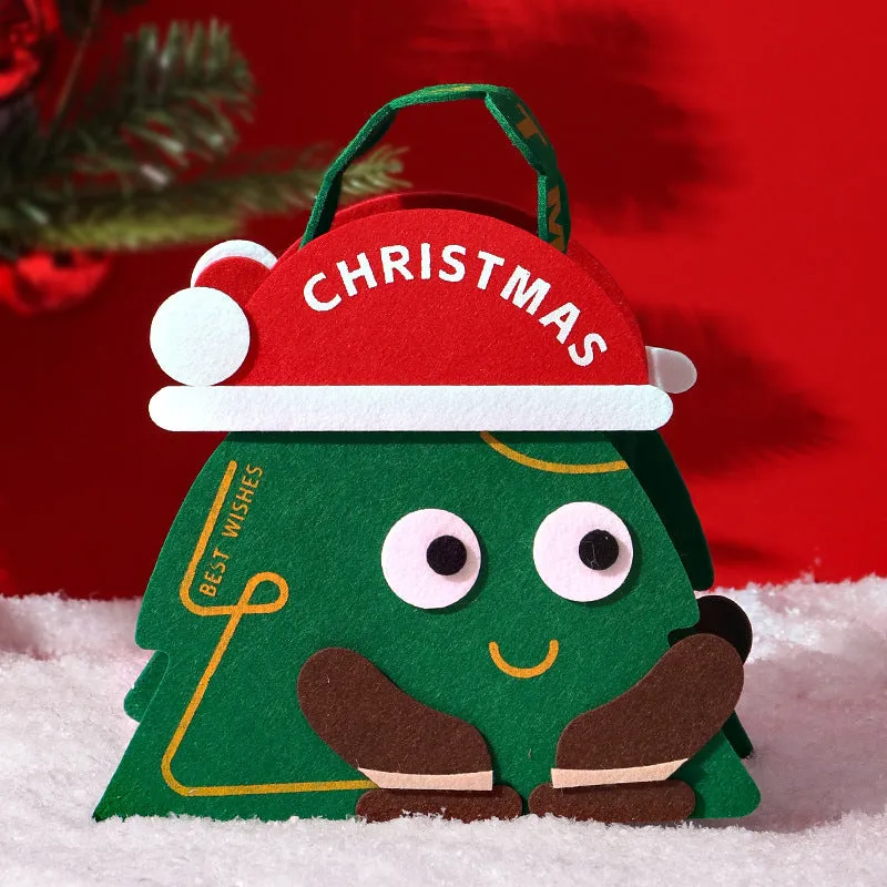 Green felt gift bag with cartoon Christmas design on a white background
