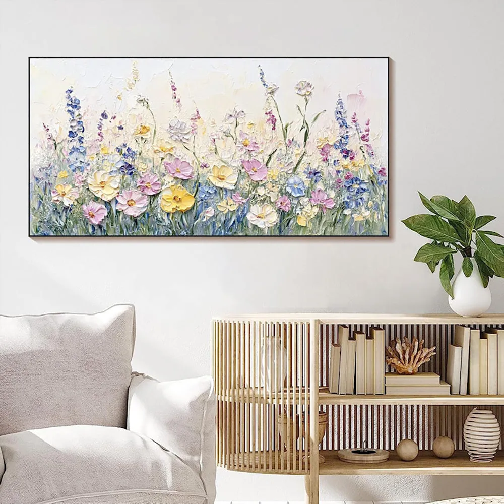 Handmade oil painting canvas wall art with 3D palette knife flowers, modern horizontal design, frameless and unstretched