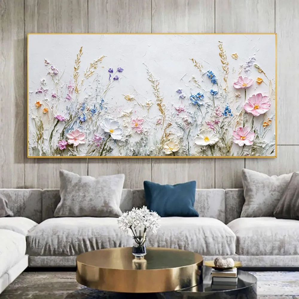 Handmade oil painting canvas wall art with 3D palette knife flowers, modern horizontal design, frameless and unstretched
