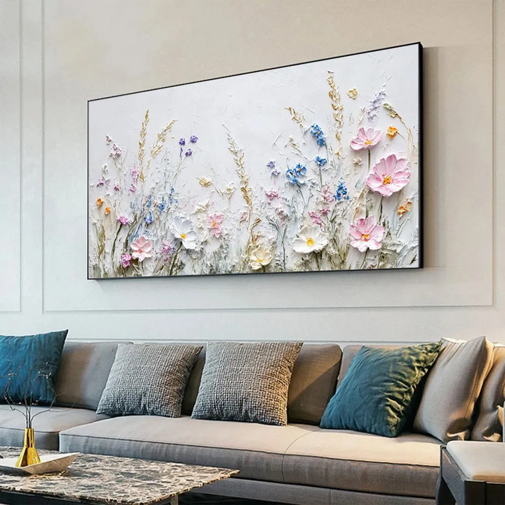 Handmade oil painting canvas wall art with 3D palette knife flowers, modern horizontal design, frameless and unstretched