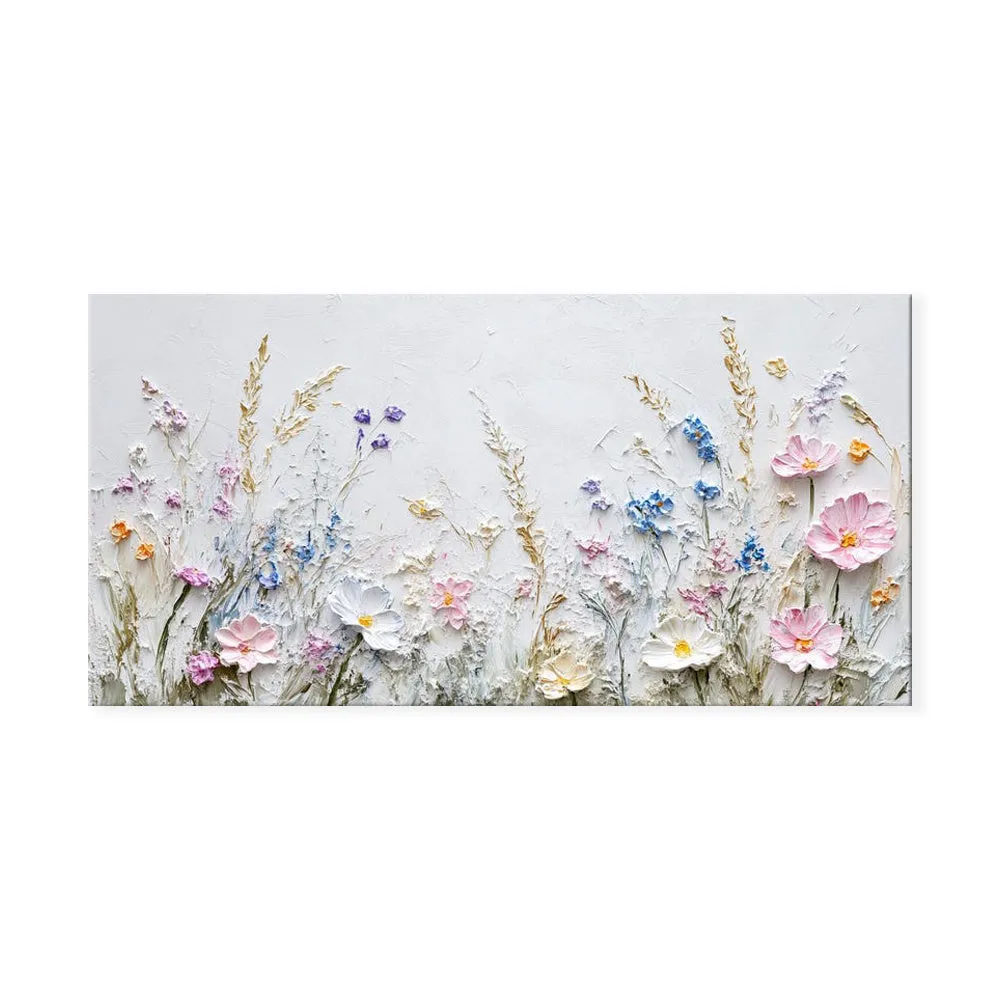 Handmade oil painting canvas wall art with 3D palette knife flowers, modern horizontal design, frameless and unstretched