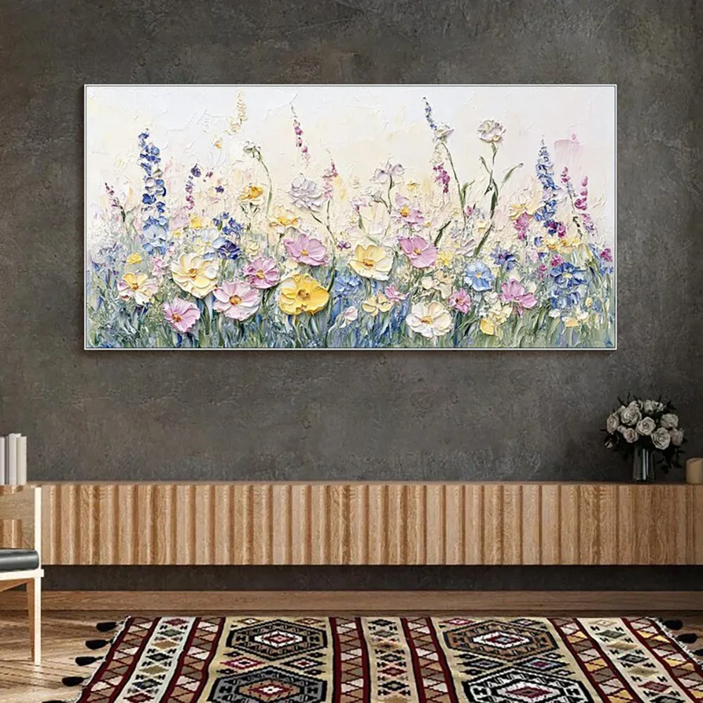 Handmade oil painting canvas wall art with 3D palette knife flowers, modern horizontal design, frameless and unstretched