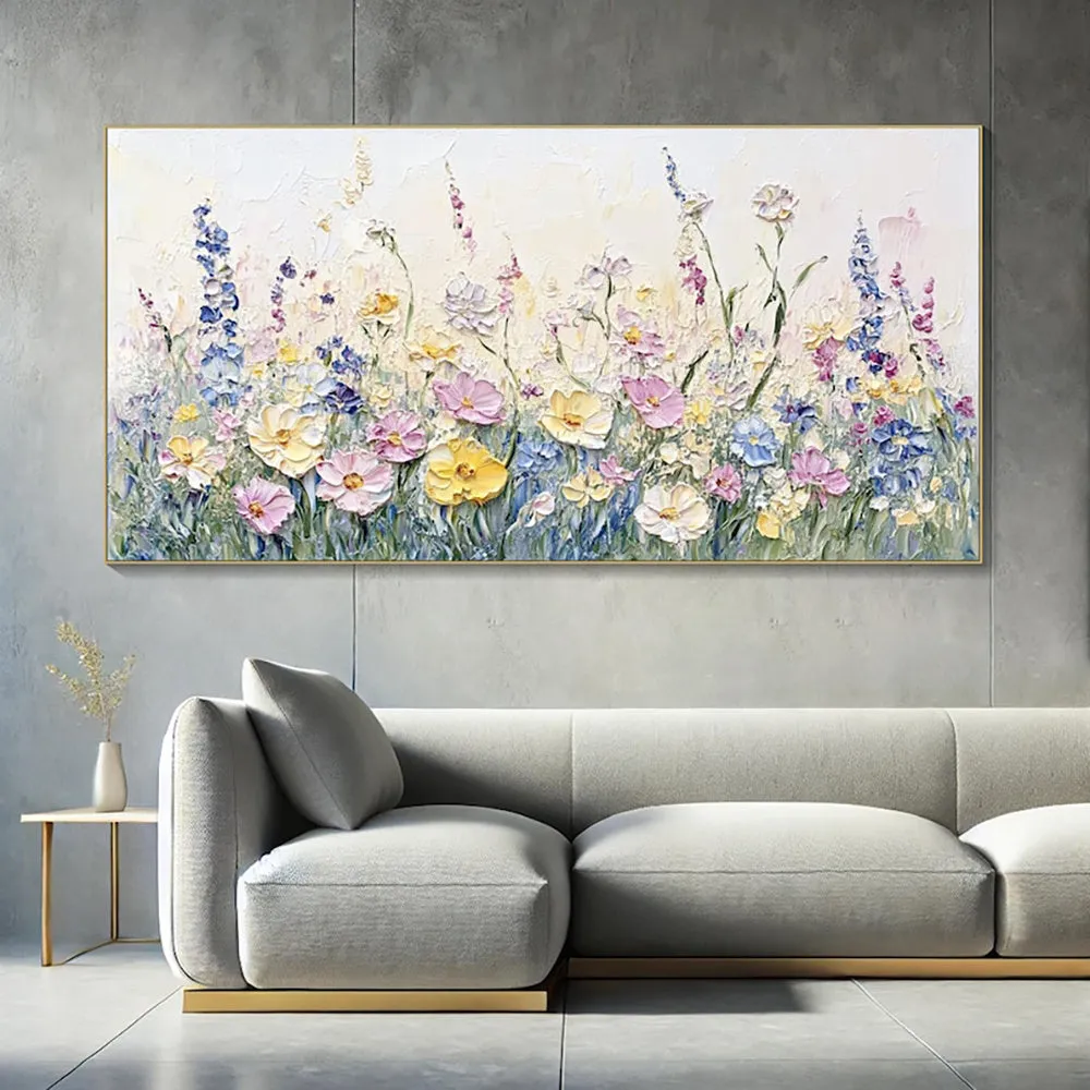 Handmade oil painting canvas wall art with 3D palette knife flowers, modern horizontal design, frameless and unstretched