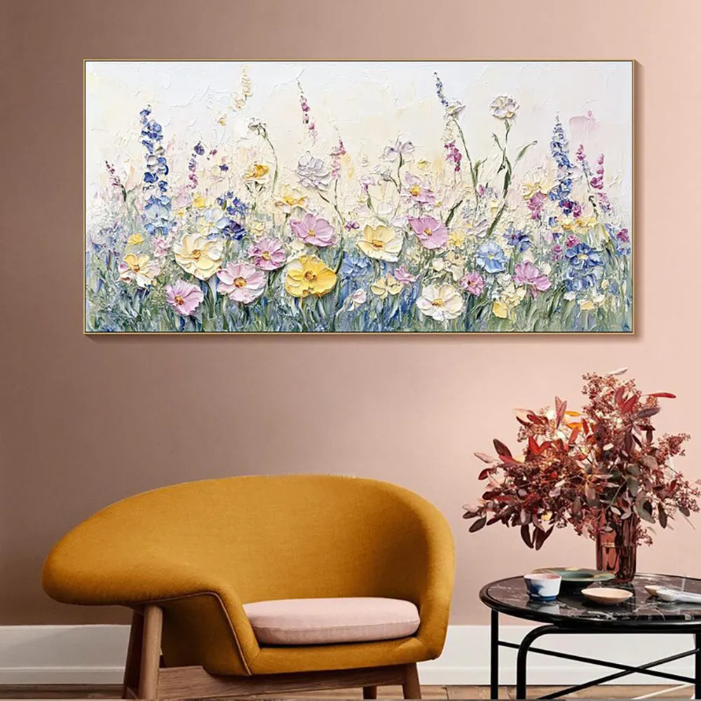Handmade oil painting canvas wall art with 3D palette knife flowers, modern horizontal design, frameless and unstretched