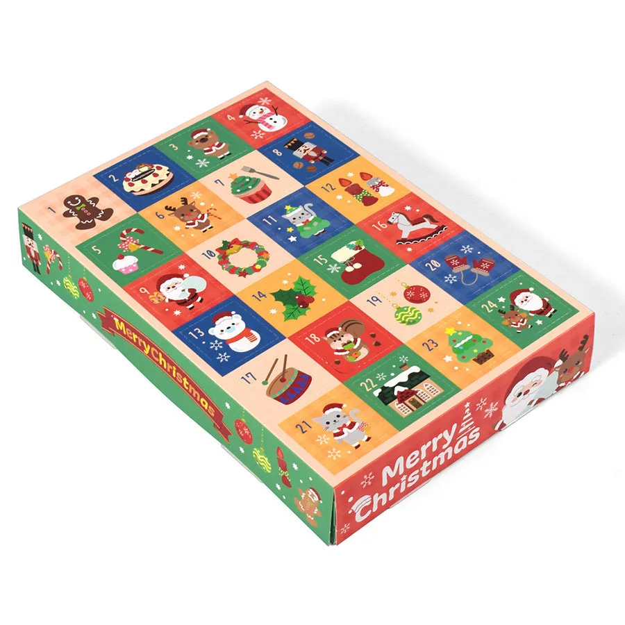 24-grid Christmas blind box with calendar spot stamp design, 25x17x4cm, on festive background