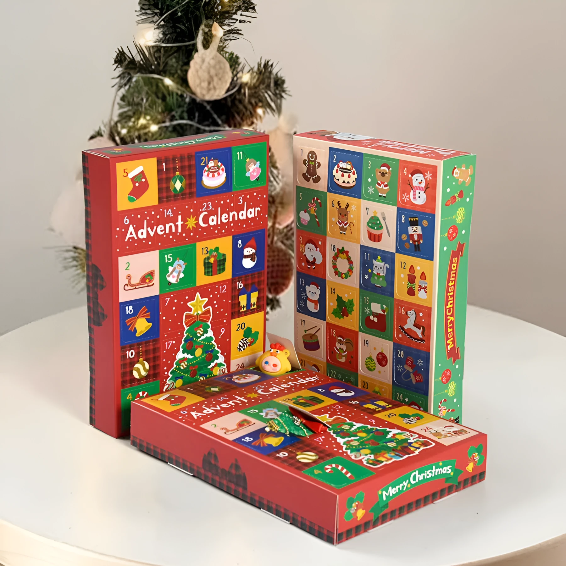 24-grid Christmas blind box with calendar spot stamp design, 25x17x4cm, on festive background