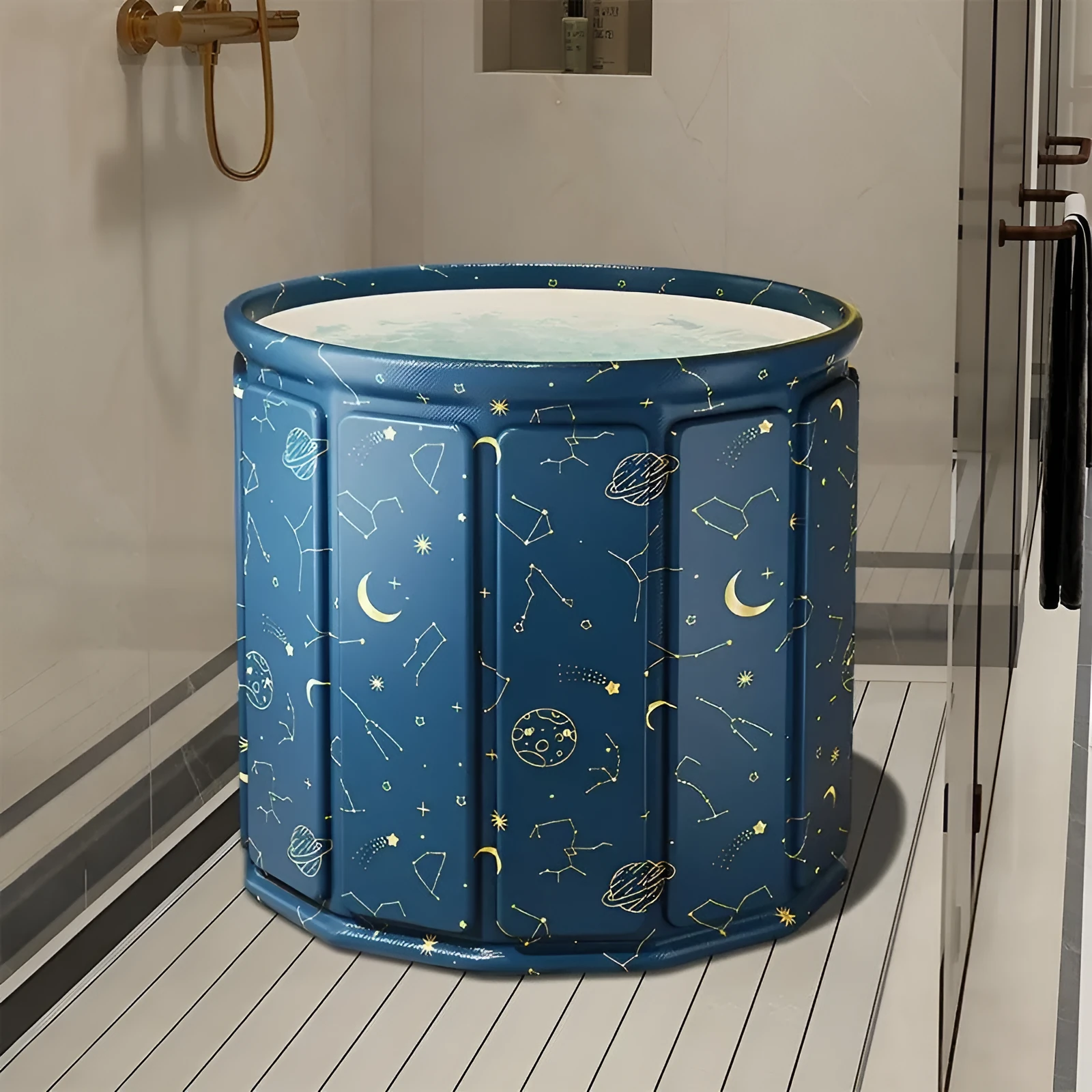 Foldable adult bath tub in sky blue colour made from thickened water-repellent cloth with drain pipe cushion