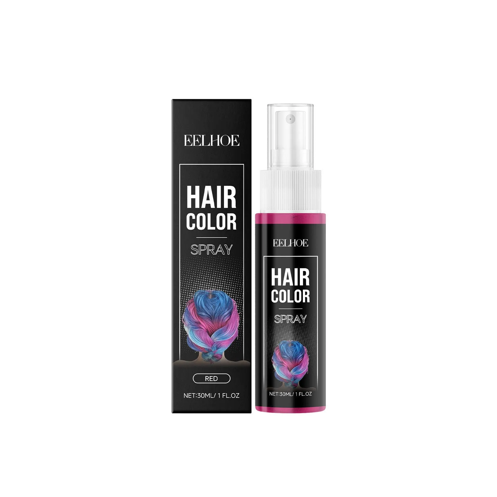 Red temporary hair spray 30ml bottle with compact design for travel touch-ups