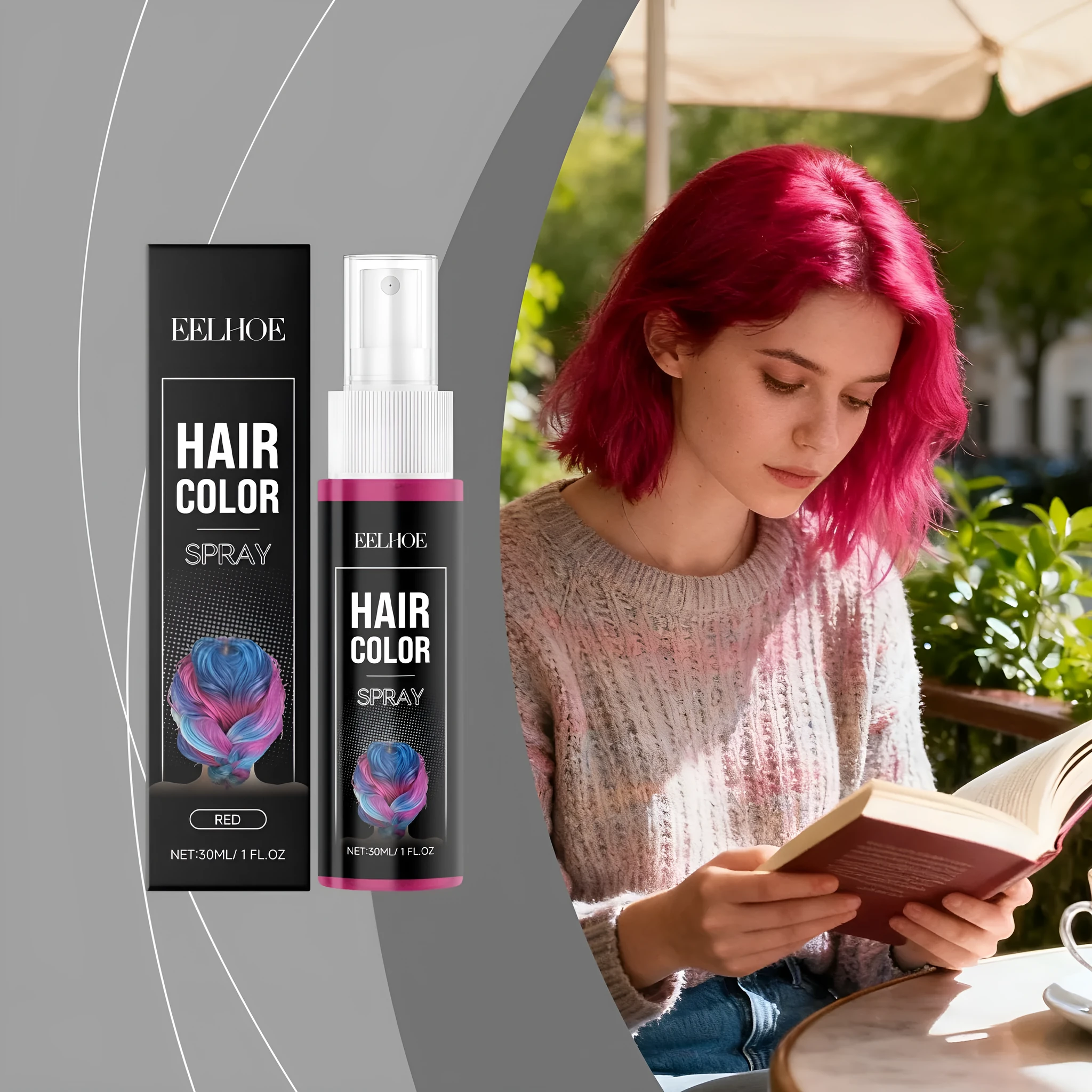 Red temporary hair spray 30ml bottle with compact design for travel touch-ups