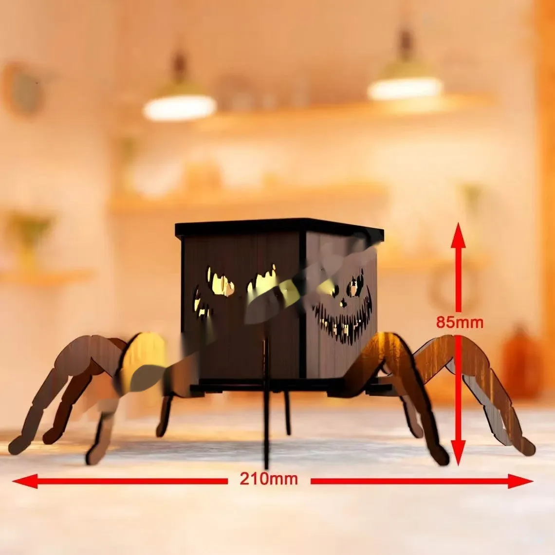 Wooden Halloween spider mini lantern candlestick with spider design measuring 21cm tall