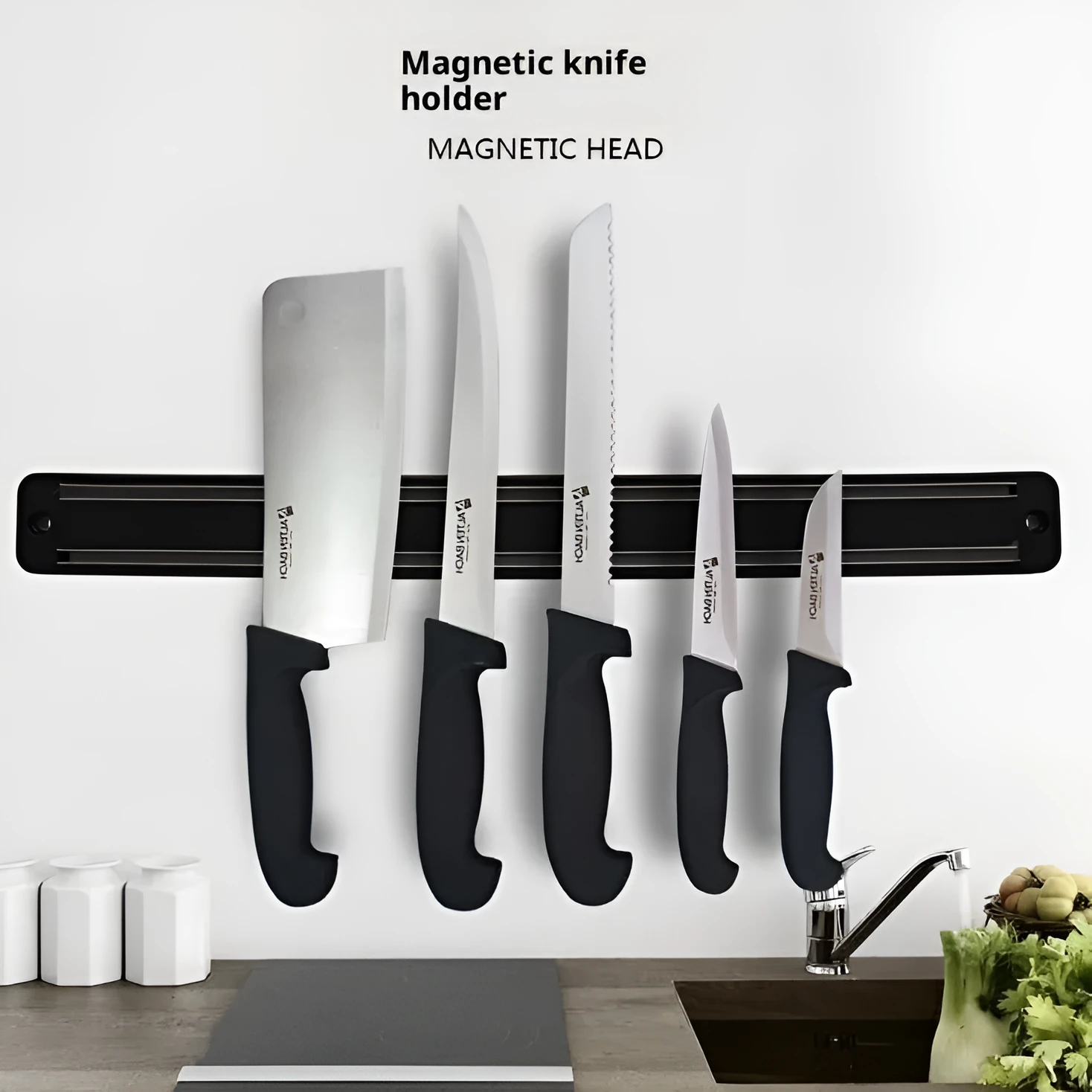 Kitchen magnetic knife holder 50cm wall-mounted with stainless steel knives
