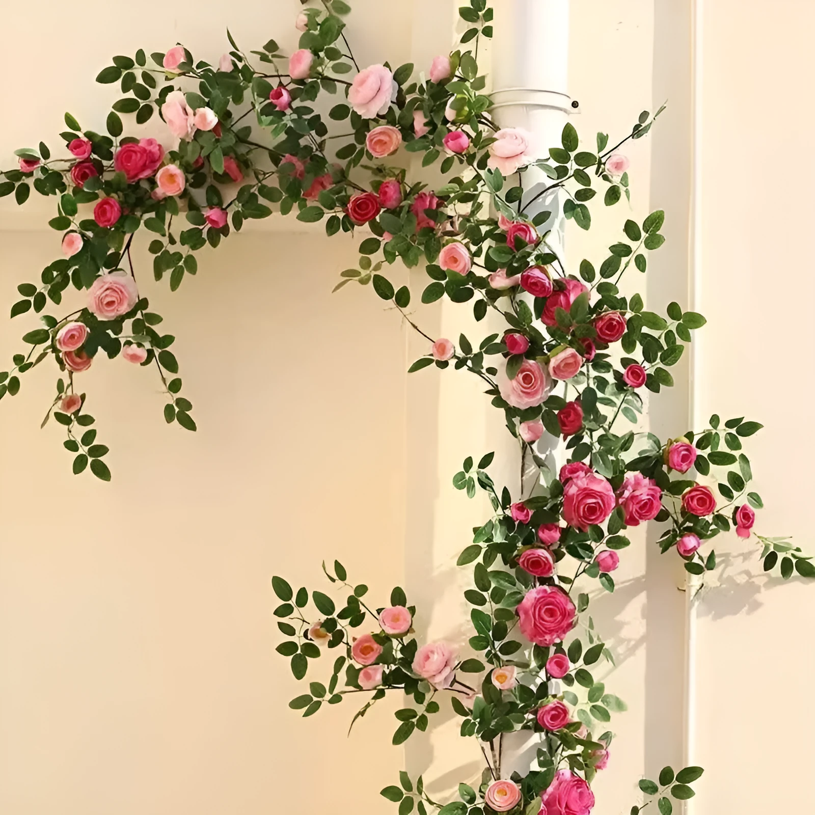 Artificial rose flower rattan vine with wire leaves and two coloured lantern lights