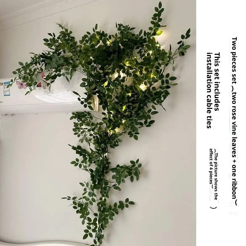 Artificial rose flower rattan vine with wire leaves and two coloured lantern lights