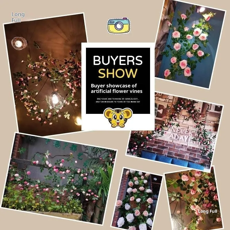 Artificial rose flower rattan vine with wire leaves and two coloured lantern lights