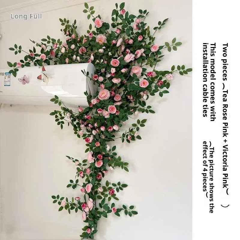 Artificial rose flower rattan vine with wire leaves and two coloured lantern lights