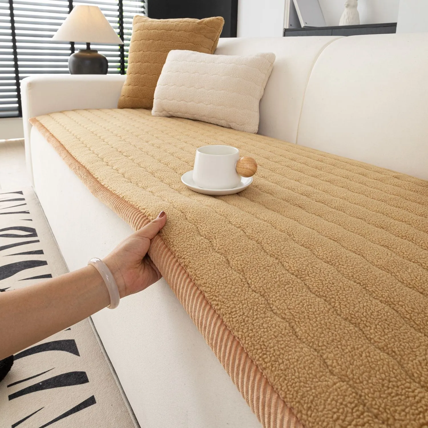 Lambswool thickened non-slip plush sofa cushion in solid colour, available in 70x150cm size