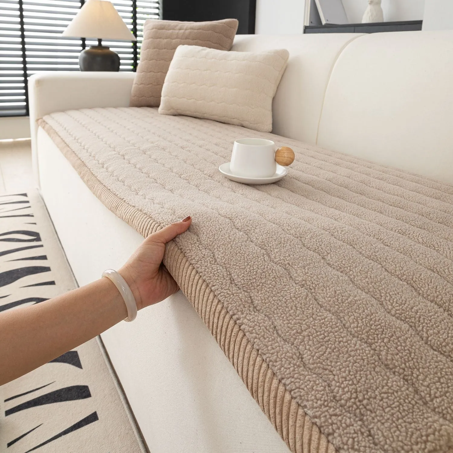 Lambswool thickened non-slip plush sofa cushion in solid colour, available in 70x150cm size
