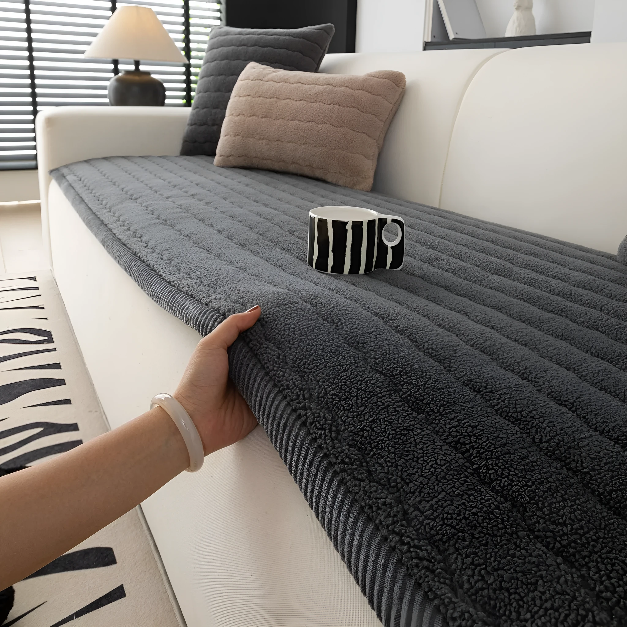 Lambswool thickened non-slip plush sofa cushion in solid colour, available in 70x150cm size