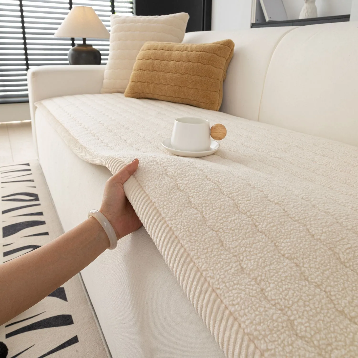 Lambswool thickened non-slip plush sofa cushion in solid colour, available in 70x150cm size