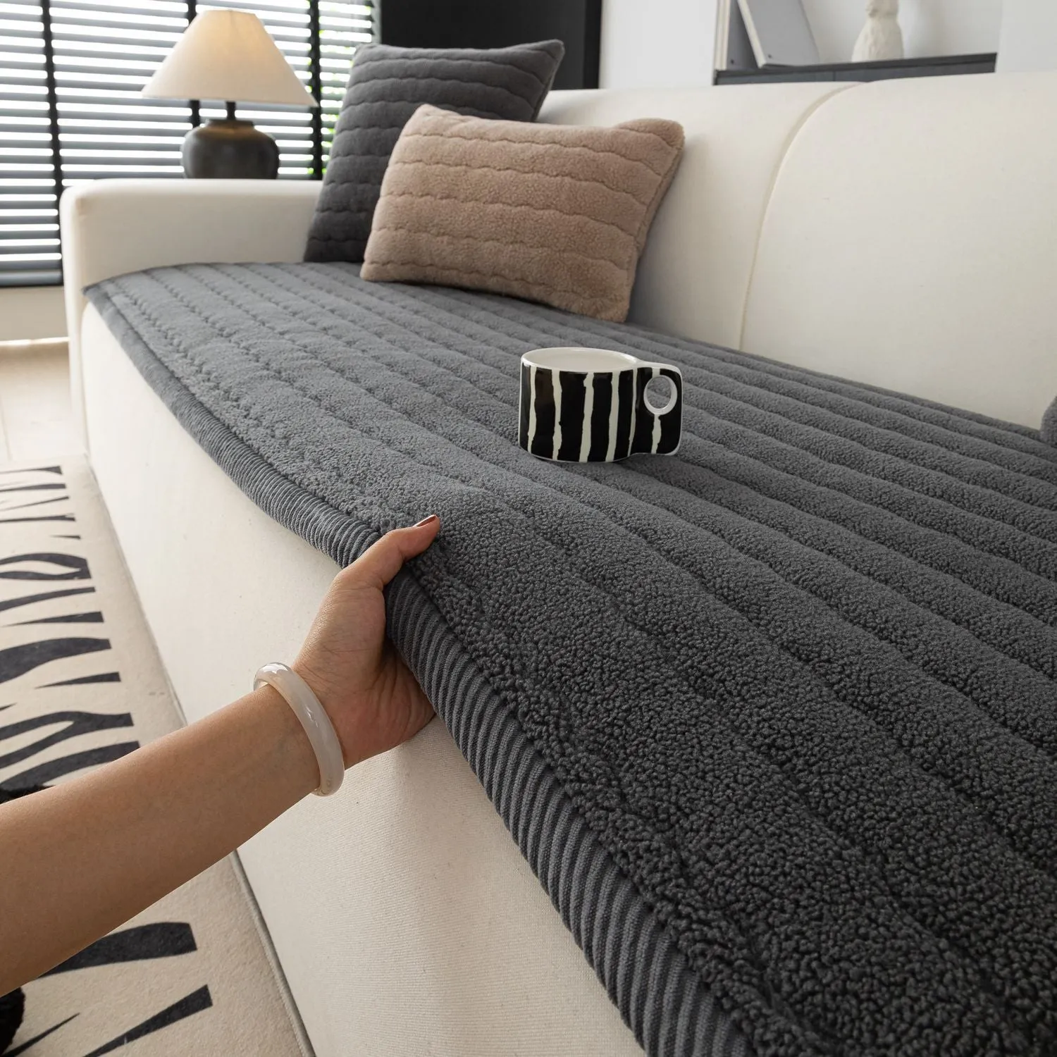 Lambswool thickened non-slip plush sofa cushion in solid colour, available in 70x150cm size