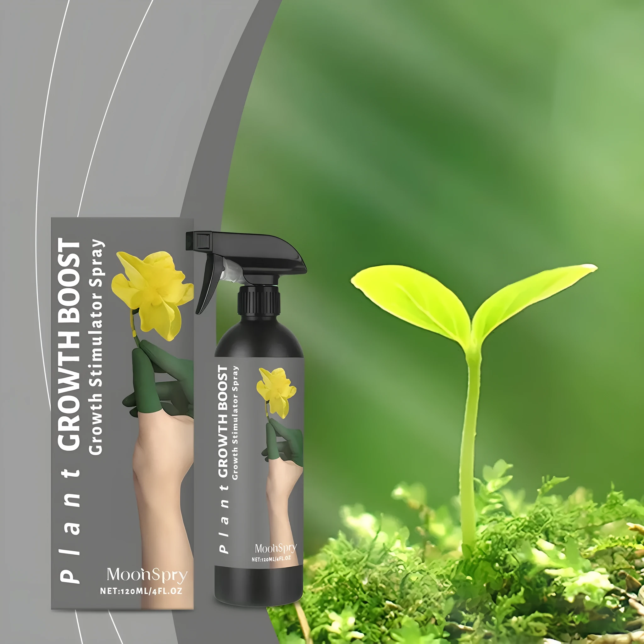 Plant Growth Boost 120ml plant nutrition spray bottle with label, ready for use on indoor plants