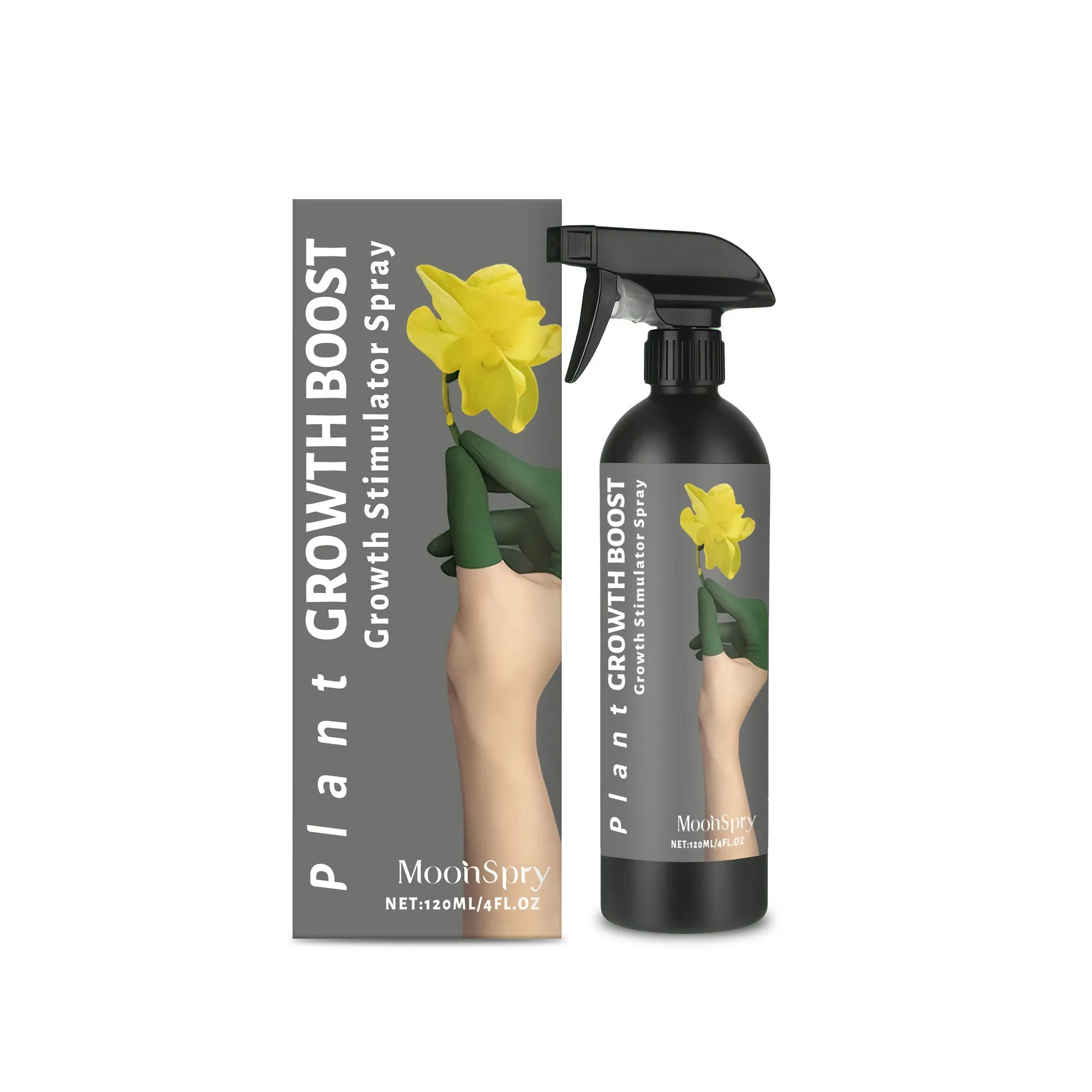 Plant Growth Boost 120ml plant nutrition spray bottle with label, ready for use on indoor plants