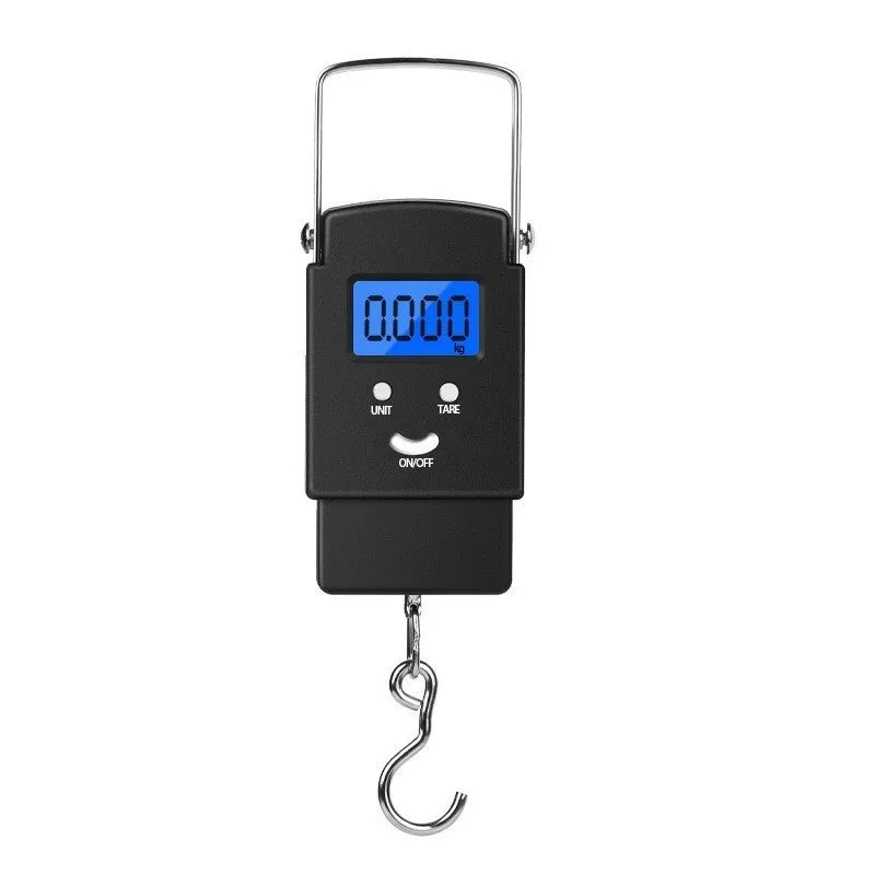 Mini handheld plastic electronic scale with blue backlight display and 50kg capacity, shown in Bohemian style