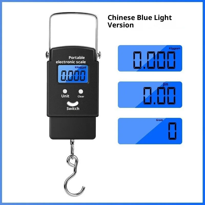 Mini handheld plastic electronic scale with blue backlight display and 50kg capacity, shown in Bohemian style