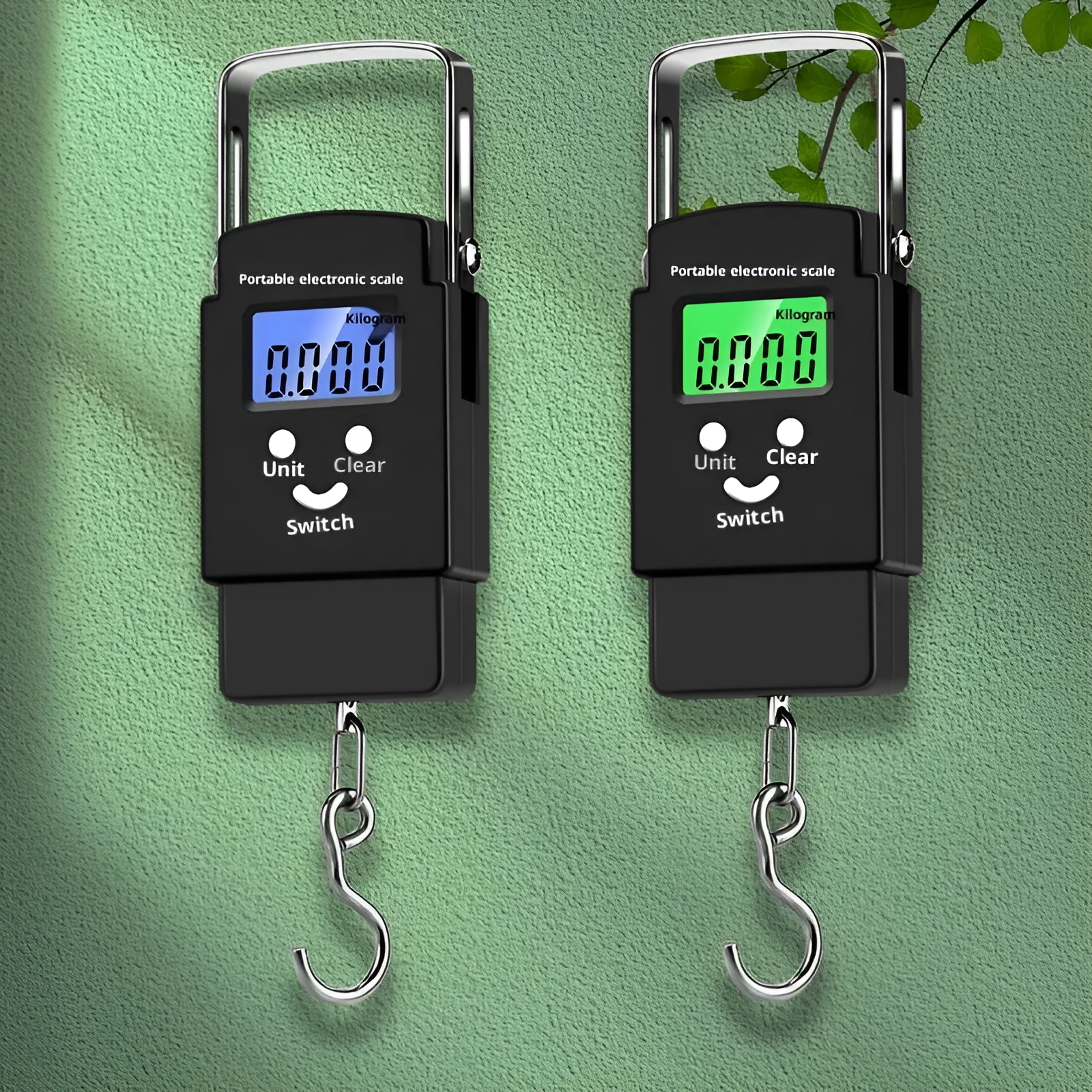Mini handheld plastic electronic scale with blue backlight display and 50kg capacity, shown in Bohemian style