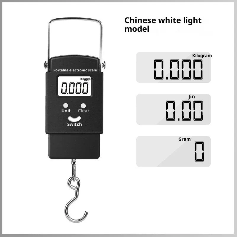 Mini handheld plastic electronic scale with blue backlight display and 50kg capacity, shown in Bohemian style