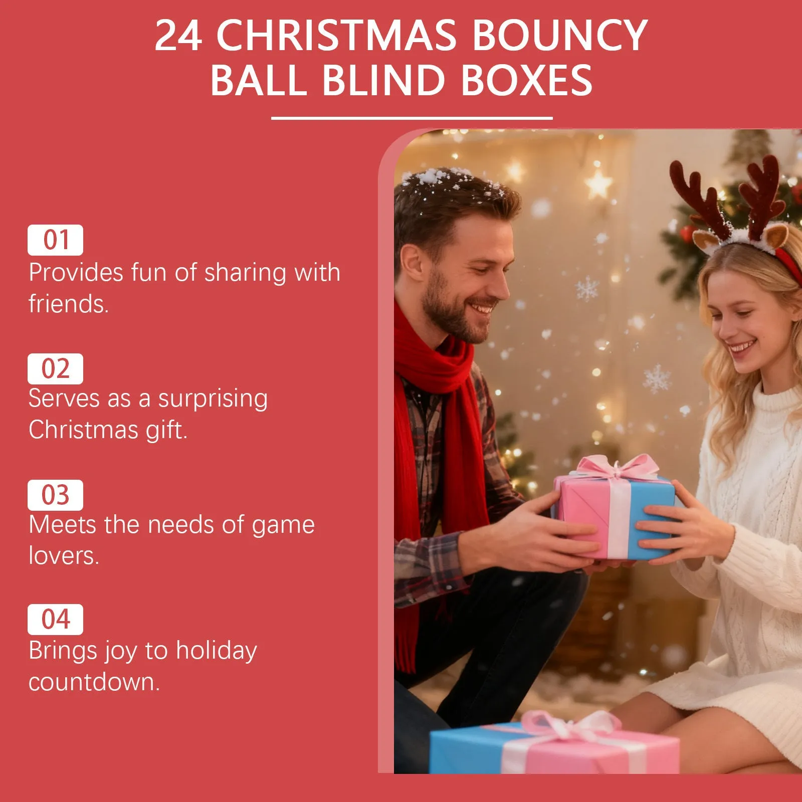 24 Christmas bouncy ball blind boxes in assorted festive designs, packaged in individual sealed boxes.