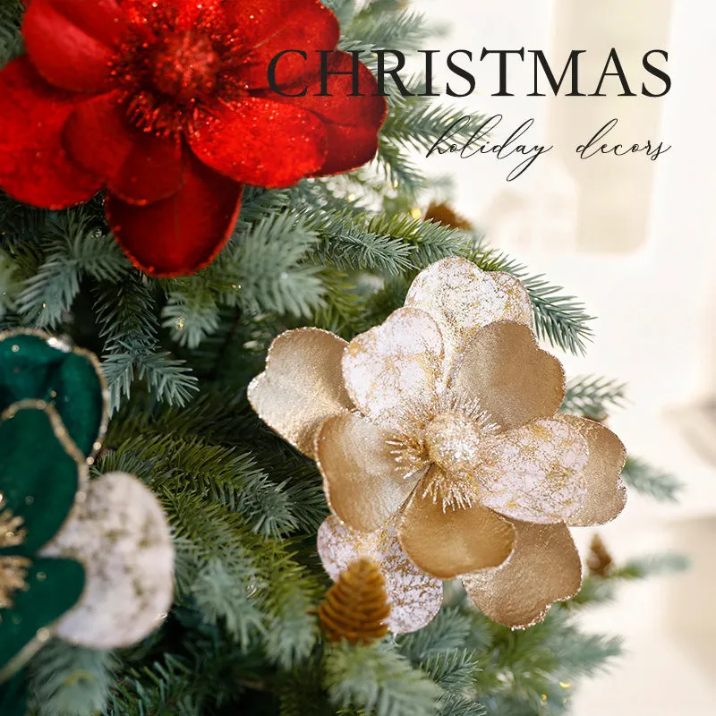 Set of three 15cm flannel Christmas flower ornaments in Champagne Gold, Dark Green, and Wine Red for tree decoration