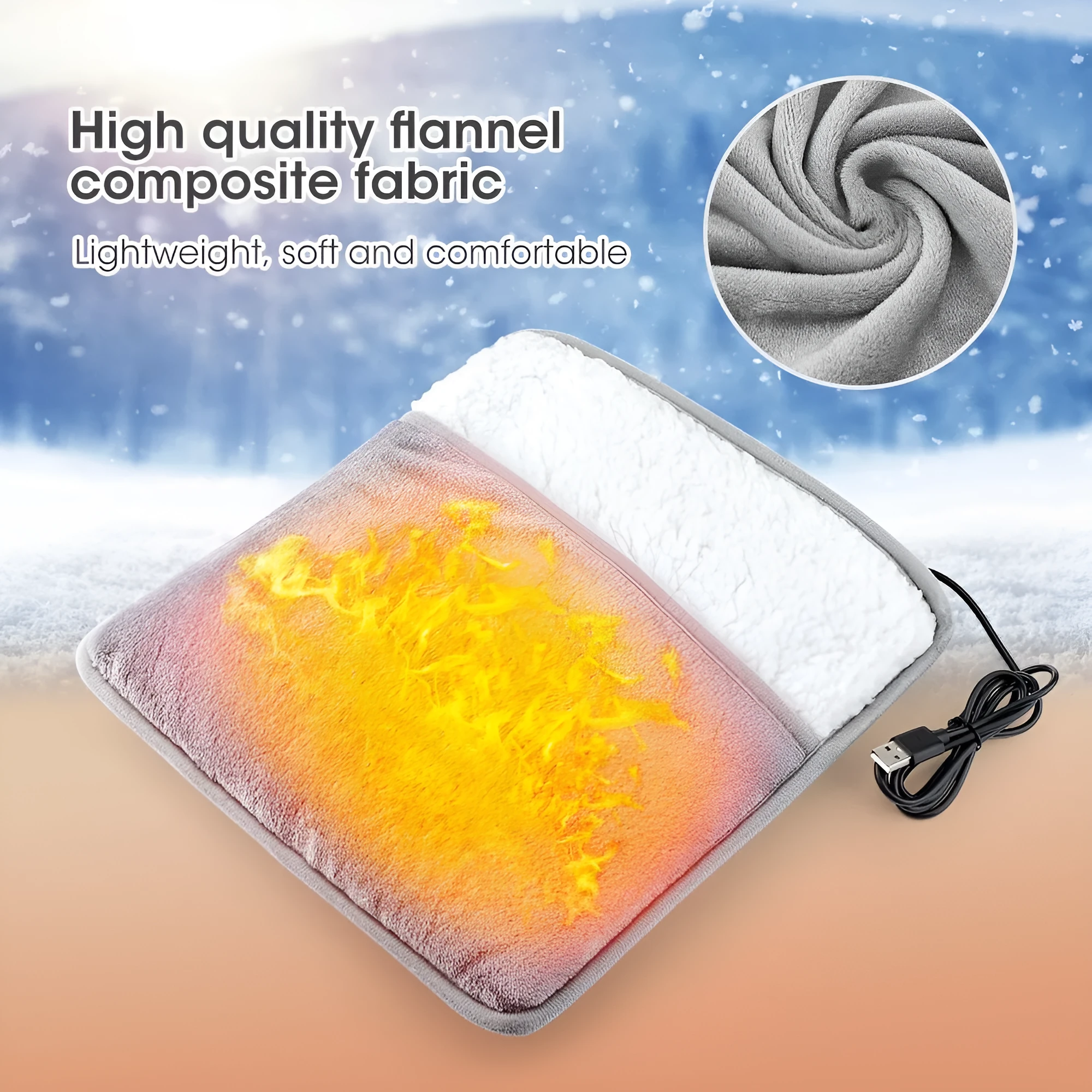 Grey USB heating feet warmer with cord and mechanical switch on floor
