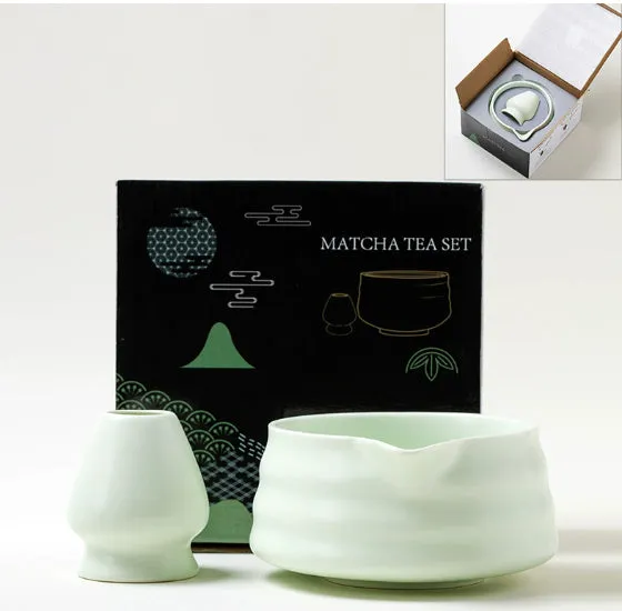 Ceramic matte tea whisk stand in Japanese style on a neutral background with a tea whisk placed upright inside the holder