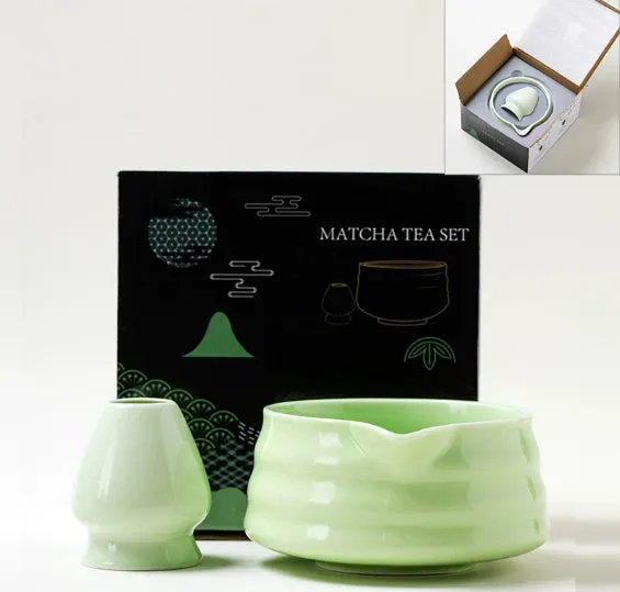 Ceramic matte tea whisk stand in Japanese style on a neutral background with a tea whisk placed upright inside the holder