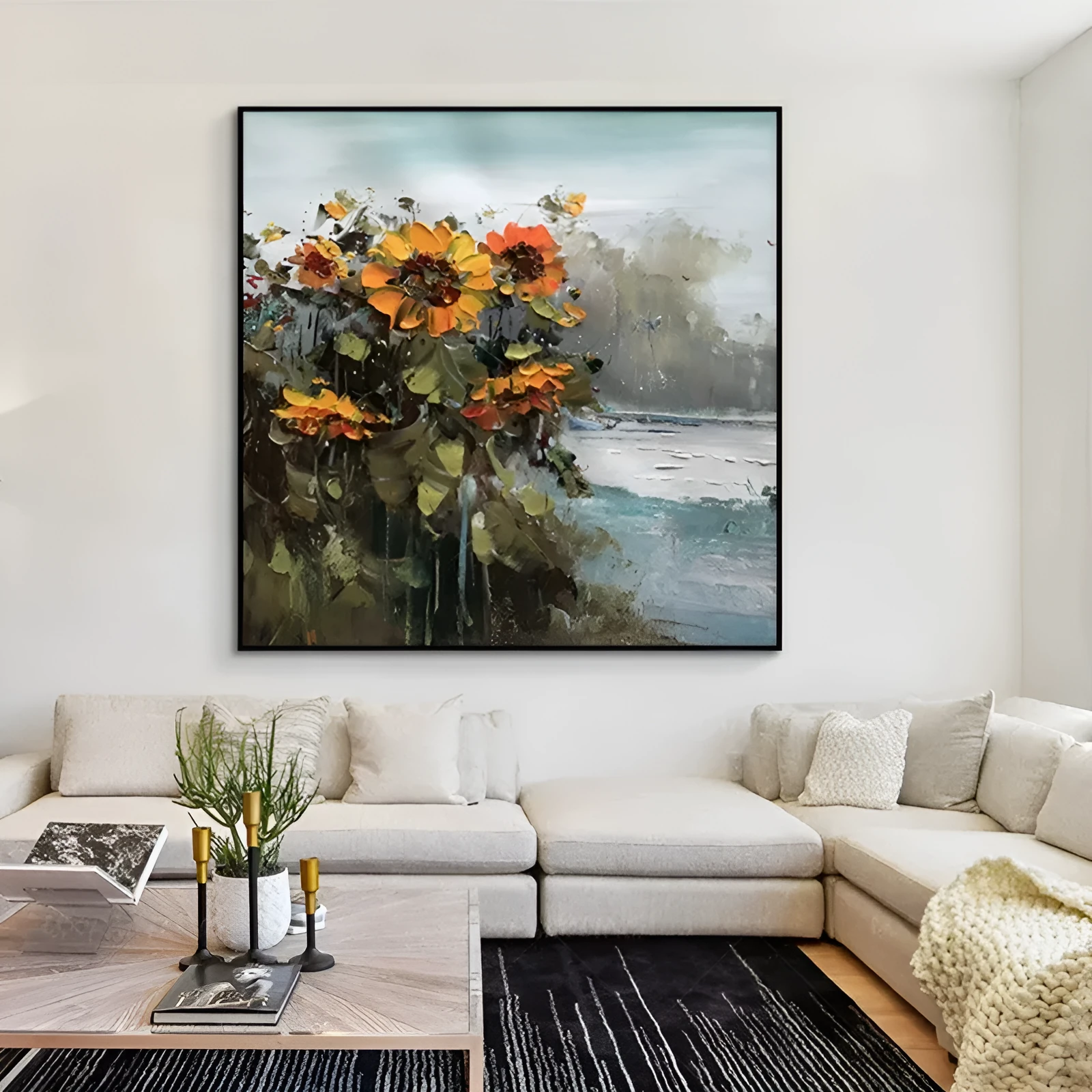 Hand-painted abstract countryside oil painting of rural landscape with sunflowers on square canvas for living room wall decor