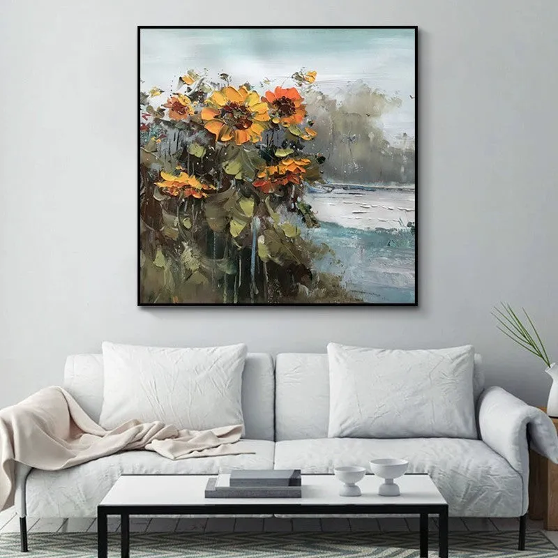 Hand-painted abstract countryside oil painting of rural landscape with sunflowers on square canvas for living room wall decor