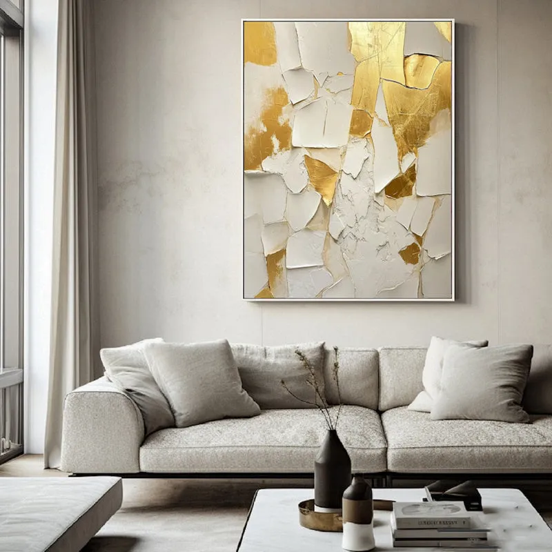 Golden and white textured handmade abstract oil painting on canvas, unframed, vertical orientation